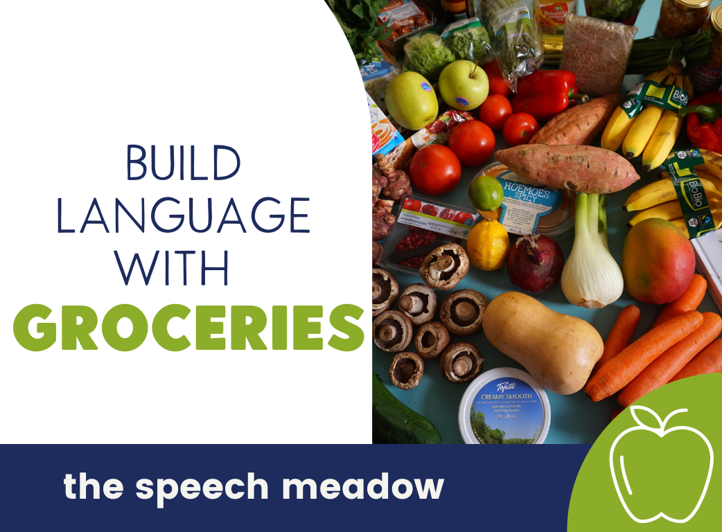 Build language with groceries and a picture of various fruit and vegetables