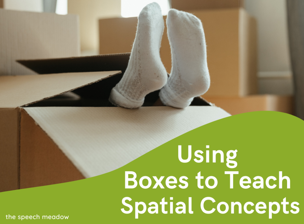 Title, "Using Boxes to Teach Spatial Concepts" along with a picture of moving boxes with feet sticking out of a box.
