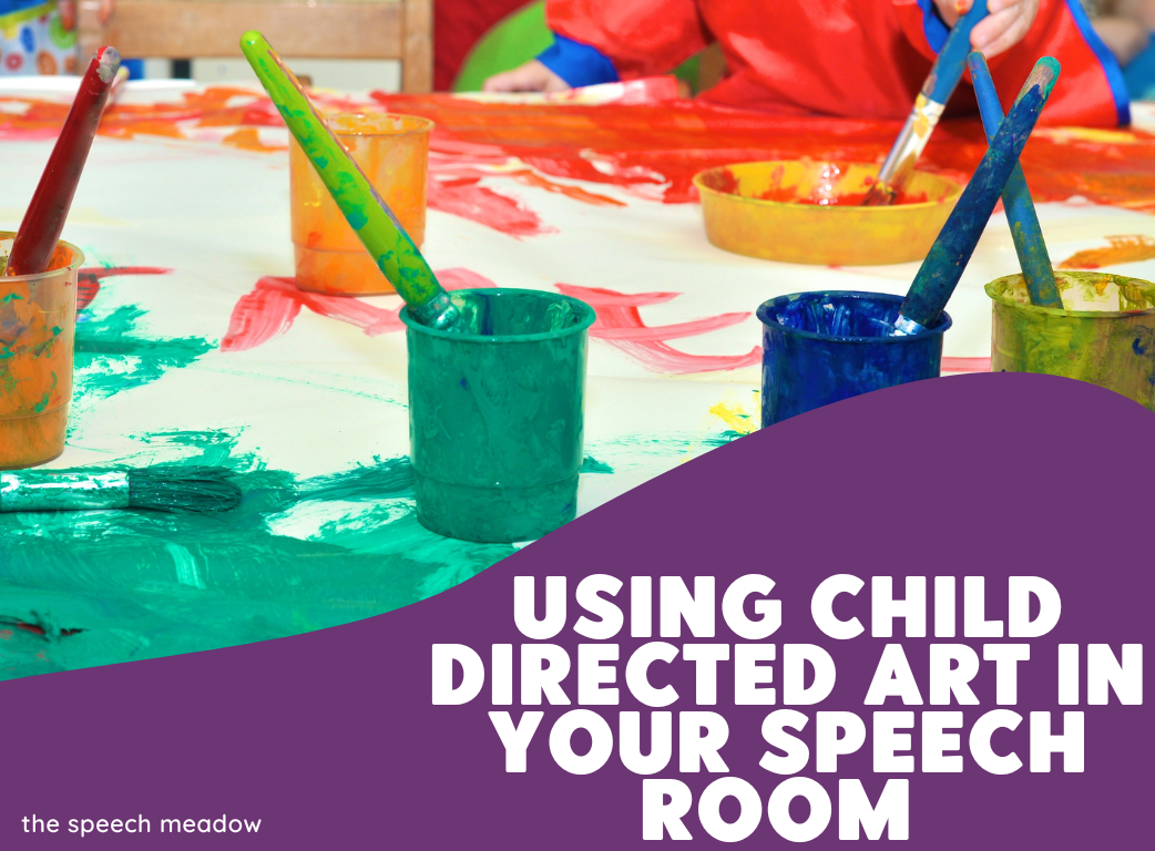 Cover of the blog with the title "Using Child Directed Art in Your Speech Room." Picture of yellow, green, blue and red paint pots with paint brushes. A child's arm are in the background painting.