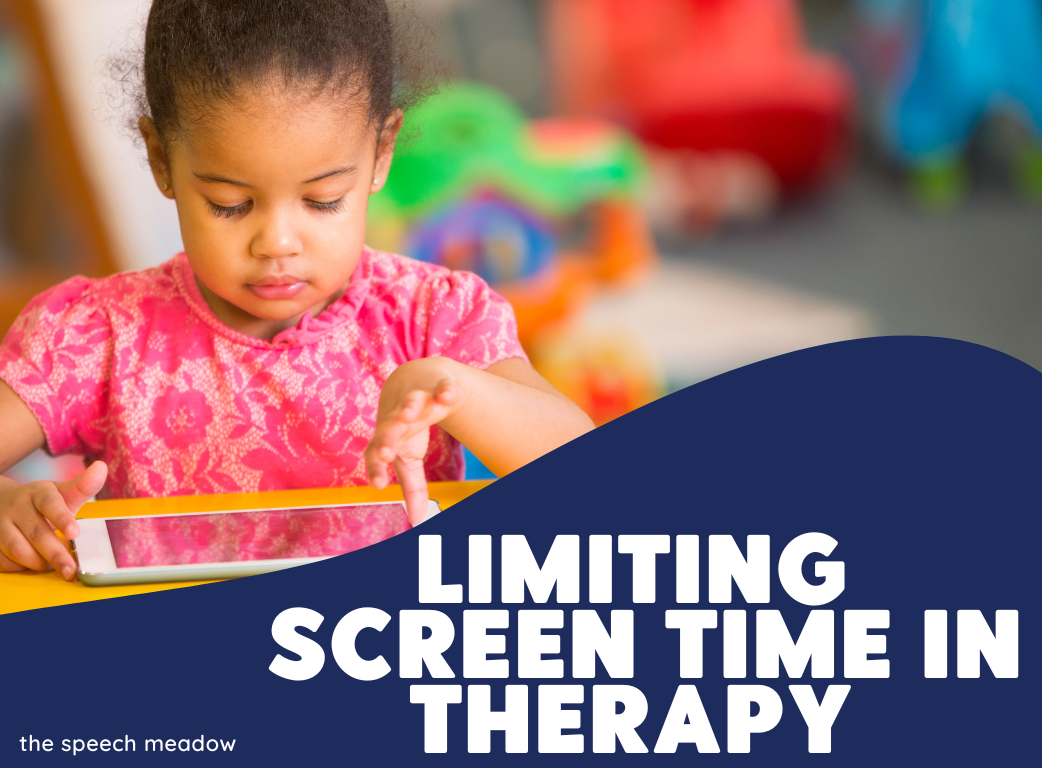 limiting screen time and a picture of a young child alone playing on a tablet.