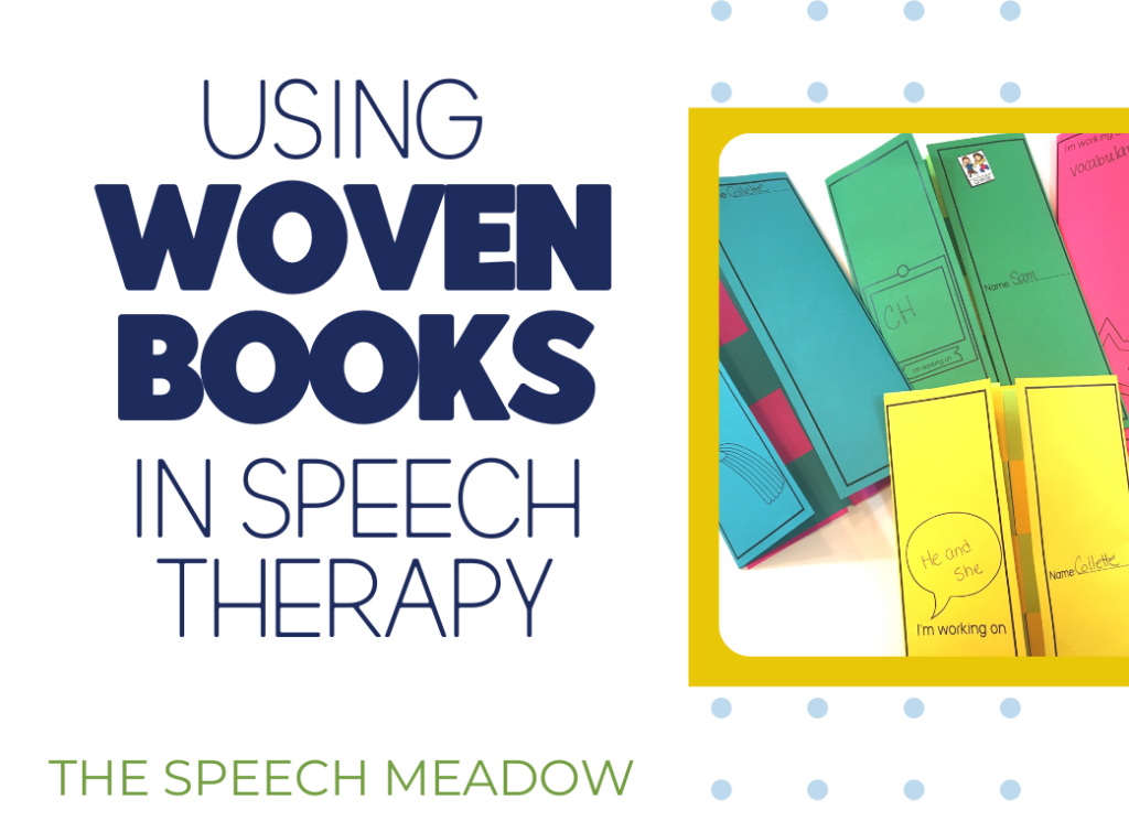 Using woven books in speech therapy with a picture of four woven books.
