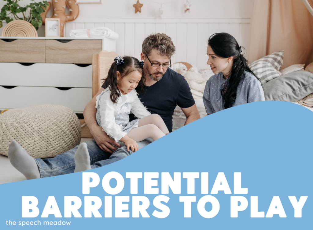Title, barriers to play with a picture on a mom, dad, and child sitting in a bedroom.