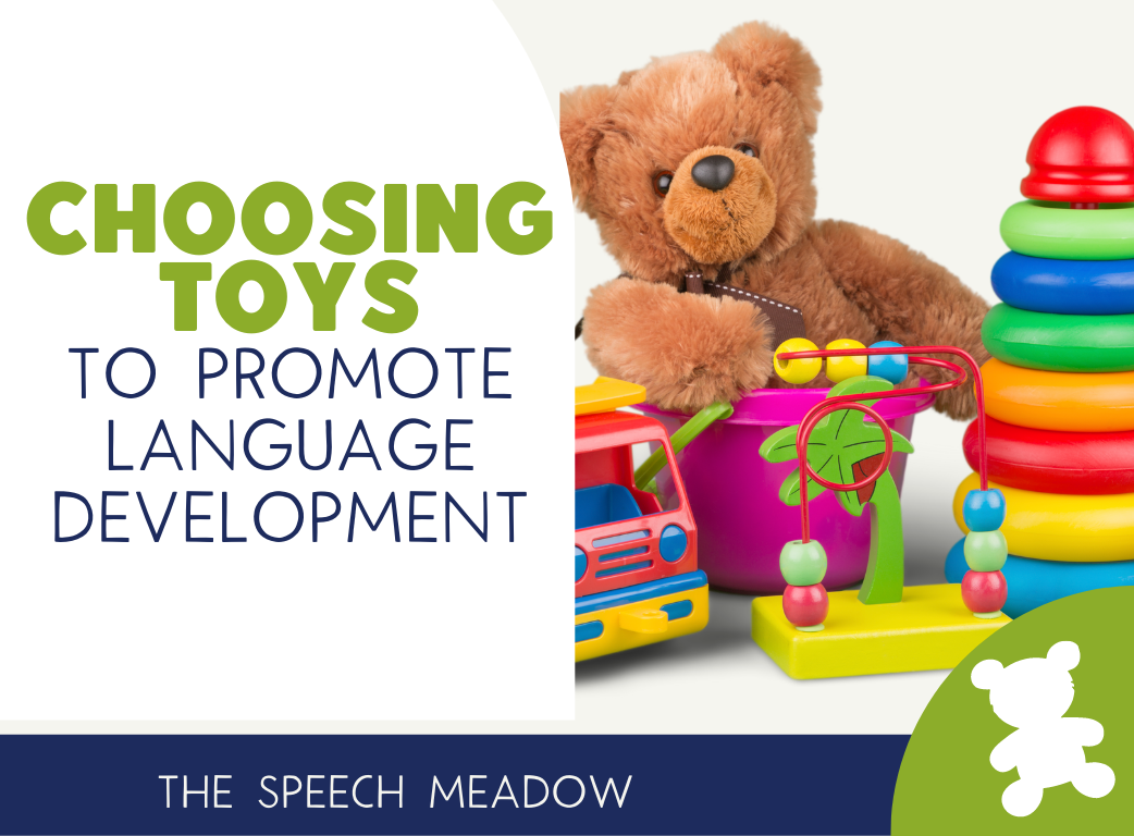 Title of post choose toys to promote language development and a picture of a variety of toys.