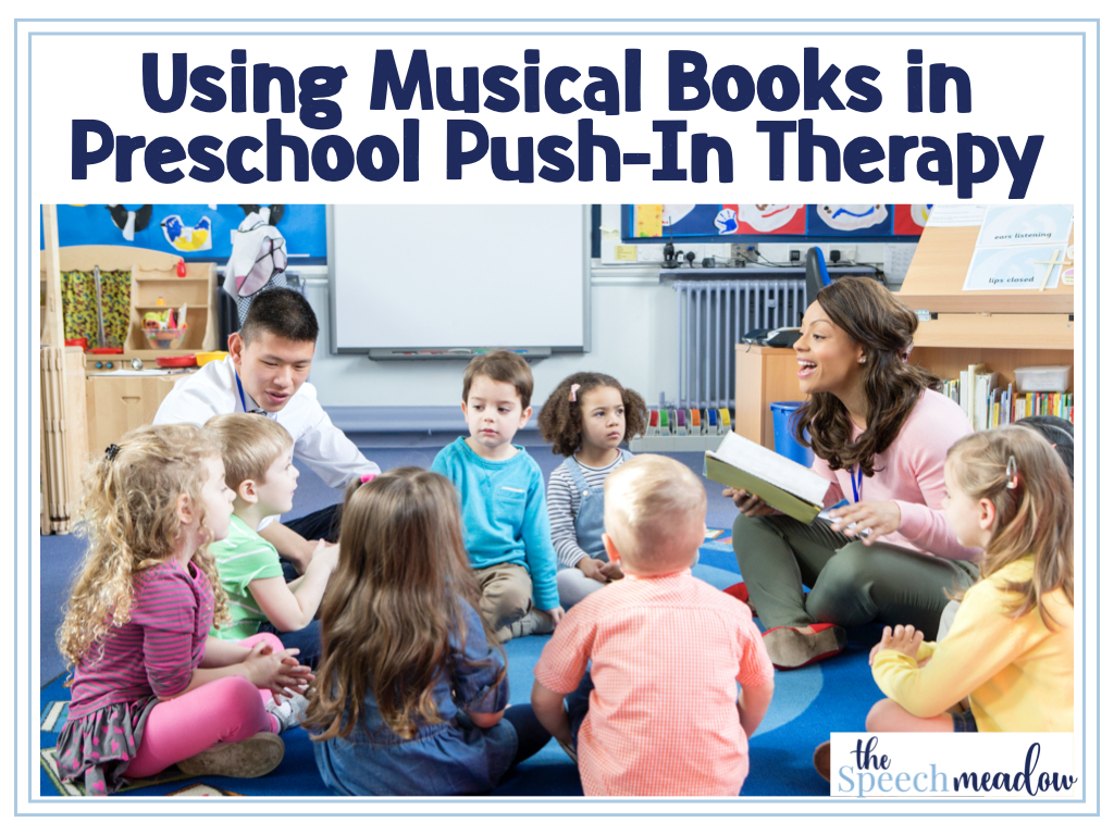 Using musical books in preschool push-in therapy. A picture of a teacher with a book and children sitting in a circe.