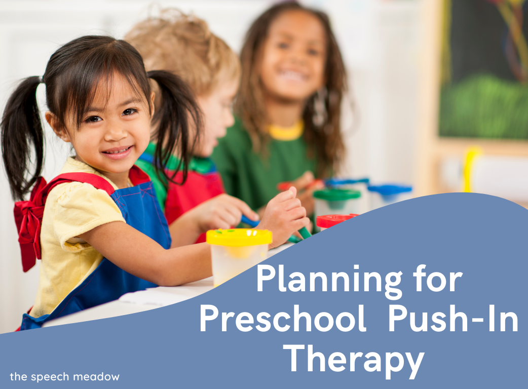 Three preschoolers painting and the title of the blog post on a blue background with the title of the post, "planning for preschool push-in therapy"