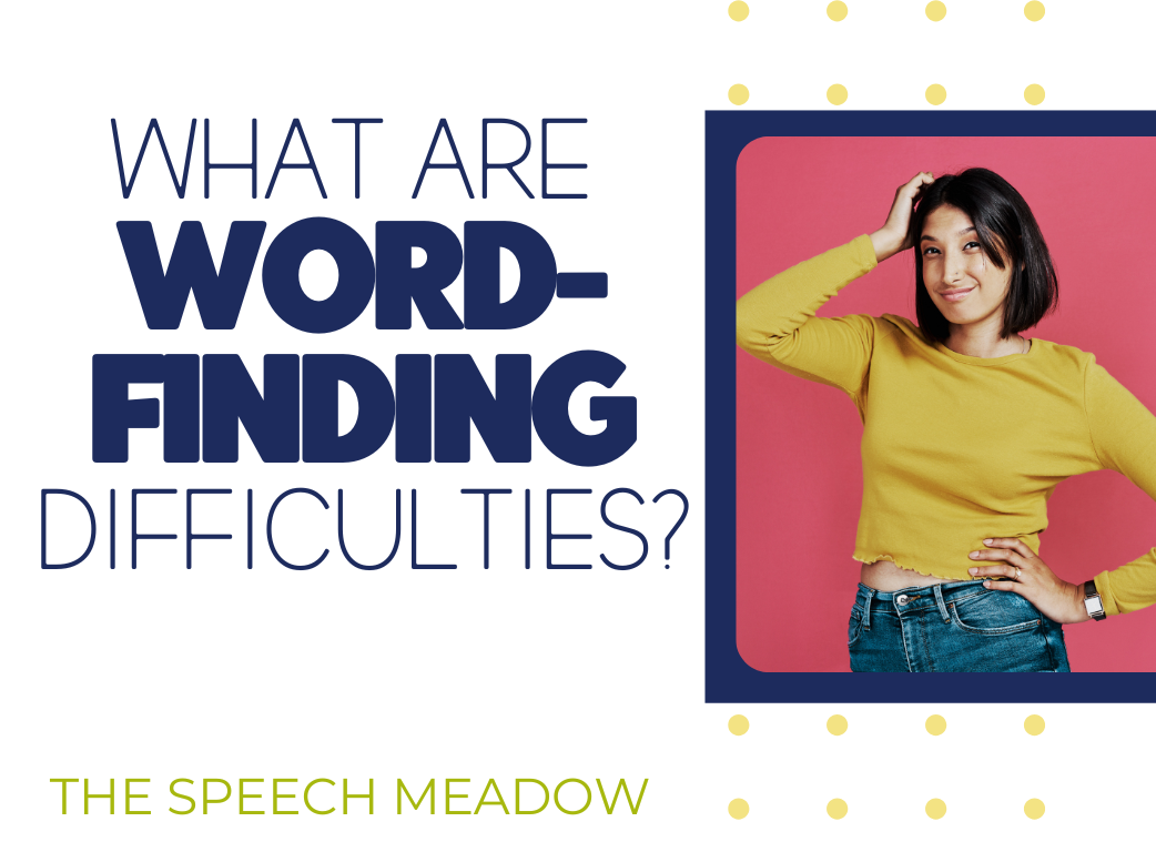 Title "What are Word Finding Difficulties?" and a woman in a yellow shirt scratching her head in confusion.