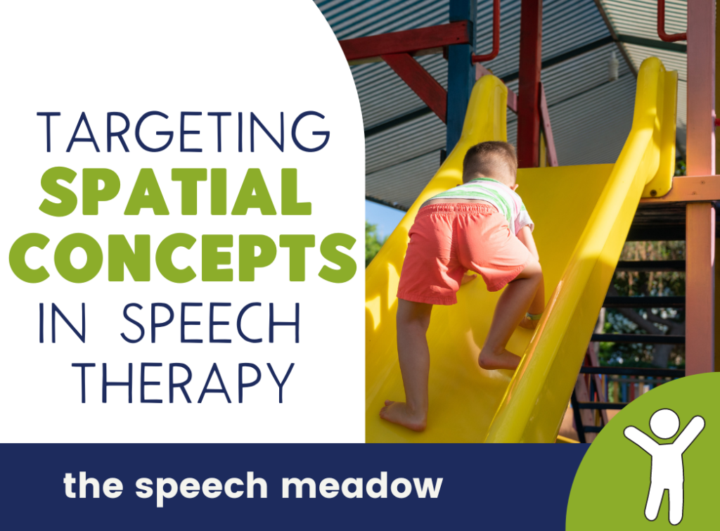 Blog title, "Targeting Spatial Concepts in Speech therapy" and a picture of a young boy climbing up a slide.