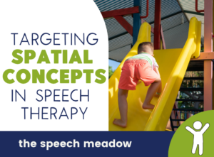 Blog title Targeting Prepositions in Speech therapy and a picture of a young boy climbing up a slide