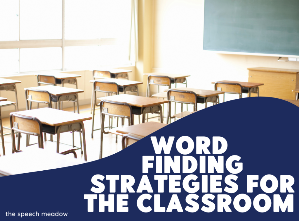 Title of the blog, "Word Finding Strategies for the Classroom" with a picture of empty desks in rows. 